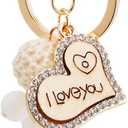 cuwuu's Heart Charm Keychain with Rhinestones, I Love You Design, Rose Gold with Pom Pom Decorations