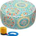 Inflatable Stool Ottoman Footrest with Handle, All Weather Footrest Seat with Foot Pump D20 xH9, Water Repellent Footstool Pouf for Home Patio Garden and Camping Use-Cyan Circle