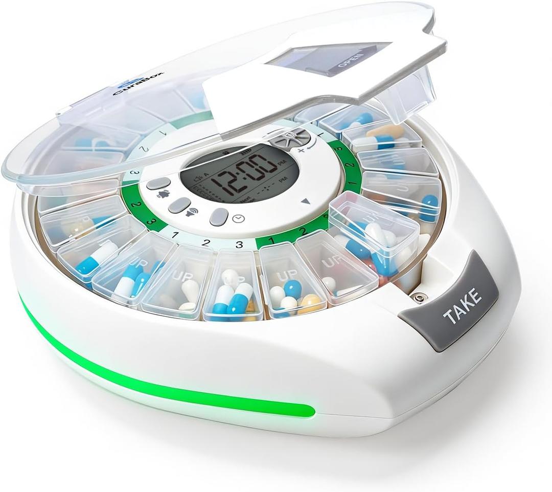 Automatic Pill Dispenser with 21 Individual Pods for Fresh Storage, Seniors-Friendly Smart Medication Organizer with Alarm & Light Alerts, Key Lock for Multiple Vitamins, Supplements, Prescriptions