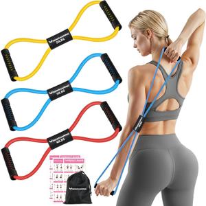 RENRANRING Figure 8 Fitness Resistance Bands with Handles - Exercise Tube Band Set of 3 for Arm and Shoulder Stretch, Rope 8 Word Elastic for Women and Men (Yellow, Blue, Red)