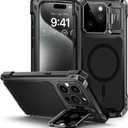 Lanhiem for iPhone 15 Pro Max Metal Case, [Built-in Camera Kickstand & Glass Screen Protector] Protective Heavy Duty Full Body Military Rugged Shockproof Magnetic Cover (Black)