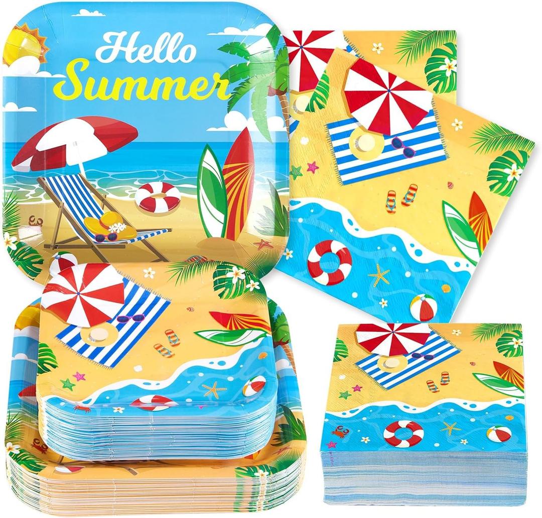 Grencian 200Pcs Beach Party Supplies Hello Summer Party Plates and Napkins Disposable Summer Pool Paper Tableware Set for Hawaiian Beach Pool Birthday Baby Shower Decorations, Serves 50