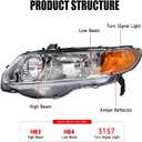 AS Headlight Assembly For 2006 2007 2008 2009 2010 2011 Honda Civic 2-Door Headlight With Amber Reflector Headlamp Replacement And Good Sealing With Chrome Housing