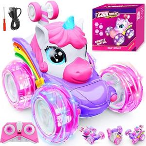 Motivekit Unicorn Remote Control Car Toys for Girl - 360° Rotating Pink RC Stunt Cars 4WD Remote Cars for Kids, 2.4GHz Toy Car with LED Lights, Birthday Gift for 3 4 5 6 7 8 9 Year Old Girl