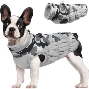 FUAMEY Dog Coat for Medium Dogs,Waterproof Dog Winter Jacket with Harness Built in Puppy Cold Weather Coats Reflective Pet Vest with Zipper Warm Fleece Dogs Snowsuit Windproof Grey Camo M