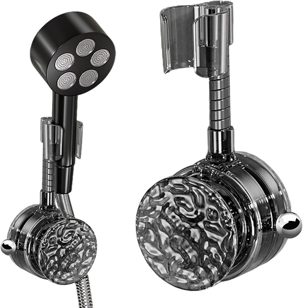 Suction Cup Shower Head Holder,no Drilling Required and Seamless Installation Handheld Shower Head holderPC Material with Shower Ball Hook,Suitable for 1.3-inch Diameter Shower Head (Black)