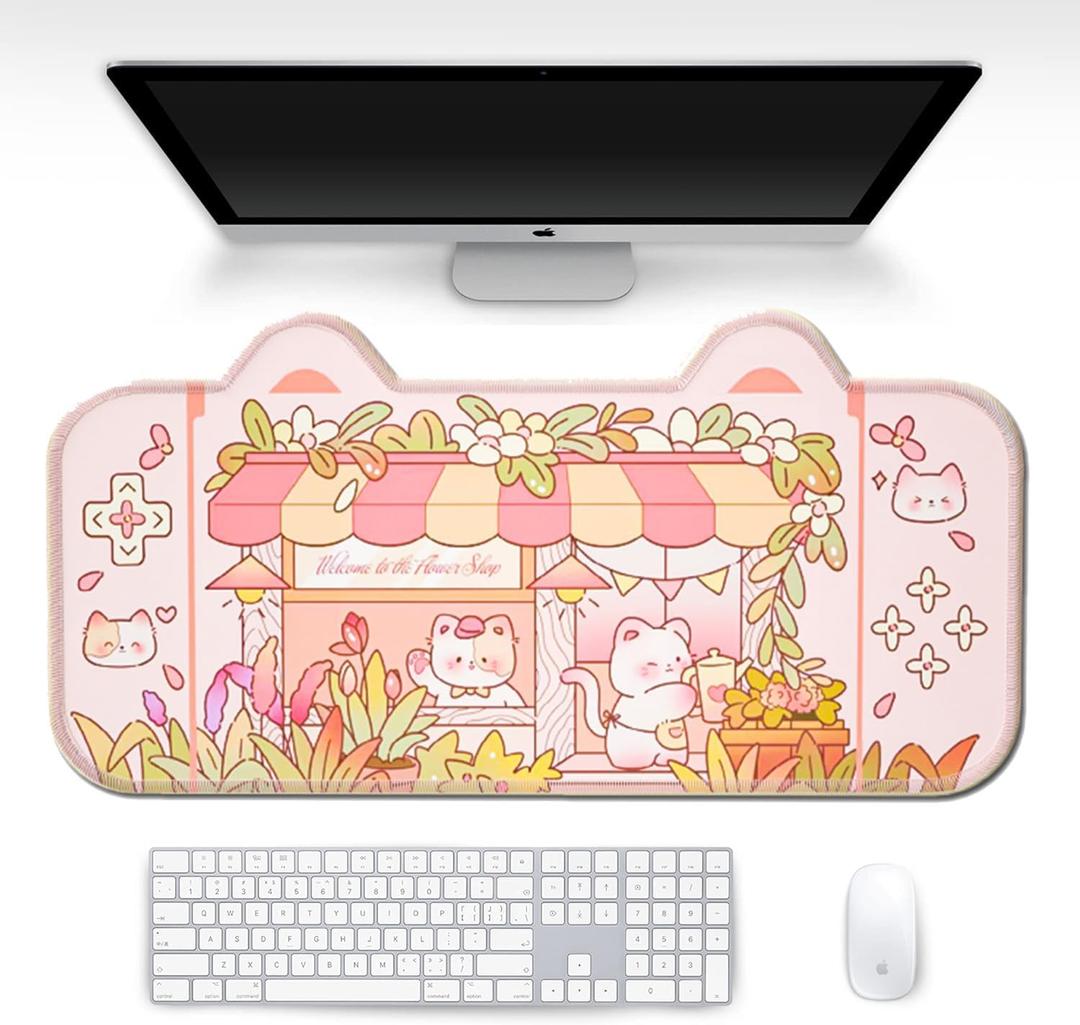 PERFECTSIGHT Cute Cat Desk Mat Kawaii Flower Store Desk Pad, Pink Switch Large Gaming Mouse Pad, Funny Florists Deskmat Mousepad, Anime Laptop Keyboard Pad Office Home Decor for Women Girls, Kitty