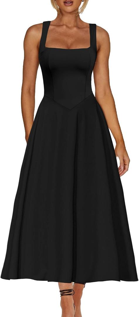 Kaximil Women's Square Neck Sleeveless A Line Maxi Dress Smocked Ruffle Flowy Casual Long Dresses (Small, Black)