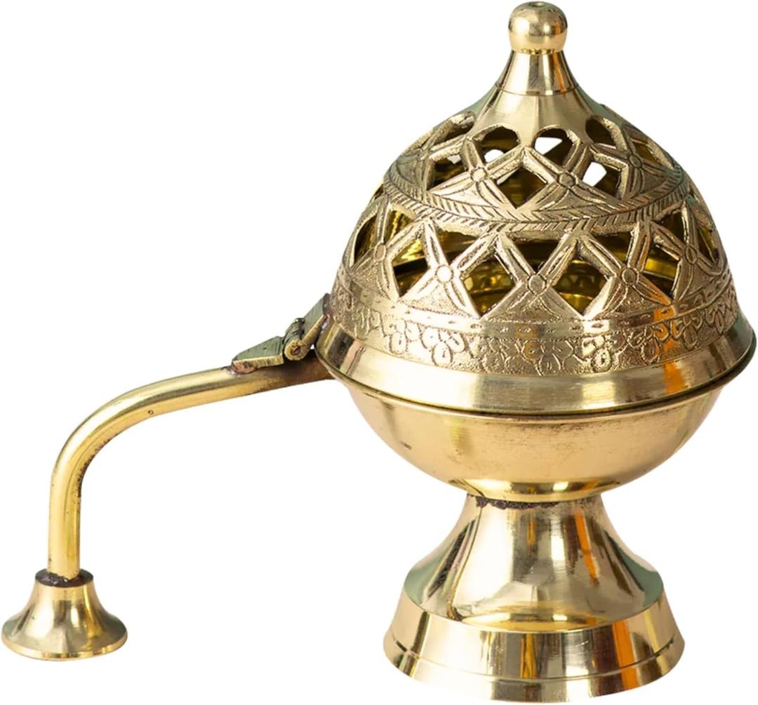 Brass Dhoop Dani with Handle for Puja | Traditional Brass Incense Burner with Dome Lid | Decorative Dhoop Holder for Temple, Home & Spiritual Use (5 x 5)