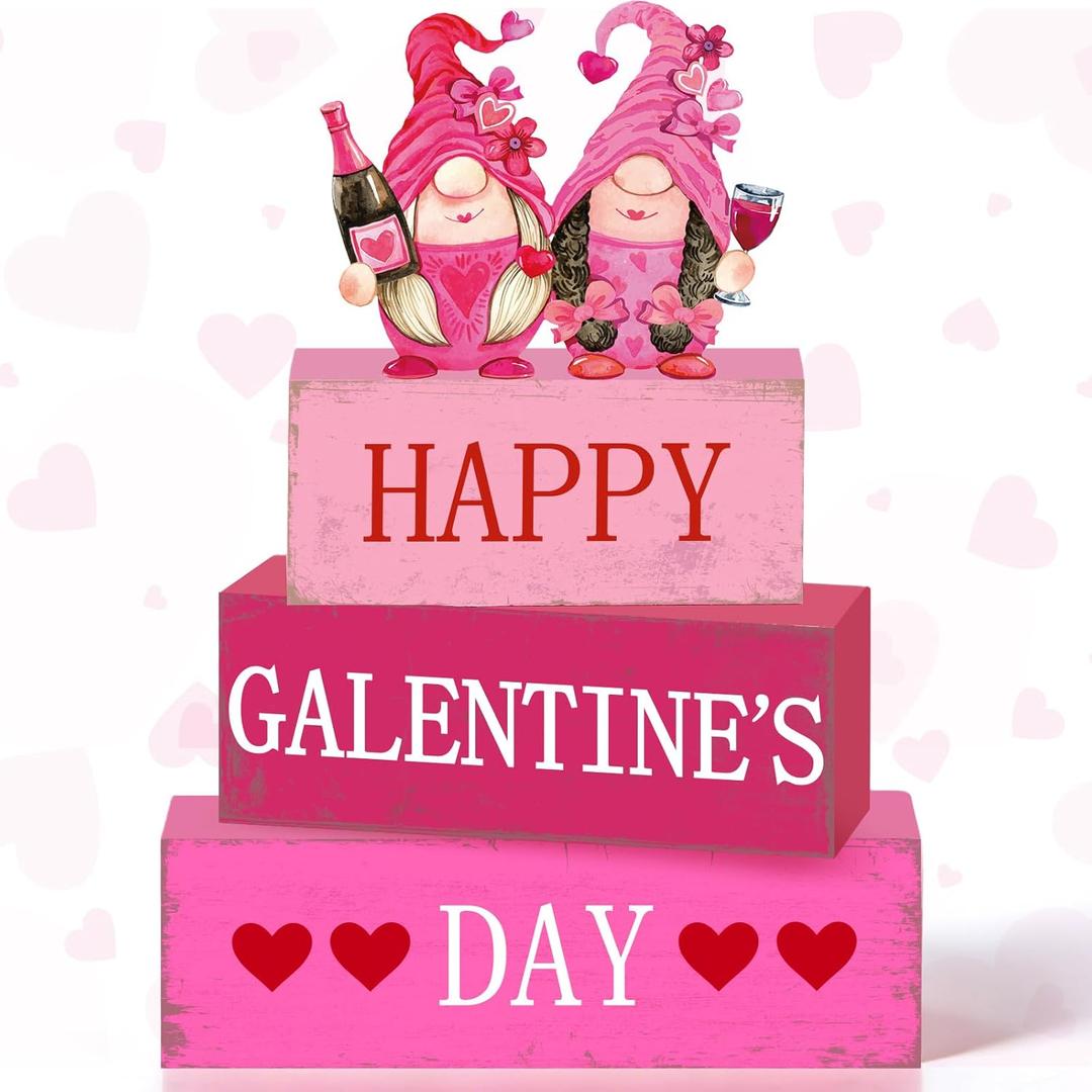 Pinkunn 4 Pcs Happy Galentine's Day Decorations Galentines Gifts Wooden Table Centerpiece Tiered Tray Galentine's Day Table Decor Pink Heart Party Sign for Women Valentines Party Home Kitchen Decor