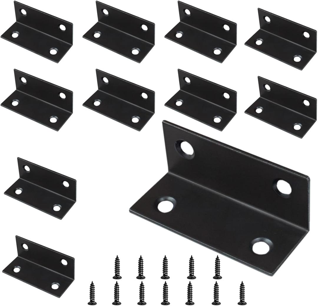 10PCS L Bracket 2.4"x1" Stainless Steel Corner Brace Heavy Duty 90 Degree Corner Fastener Black Large Angle Brackets for Wood Furniture Bedframe Cabinet Drawer Chair with Mounting Screws 
