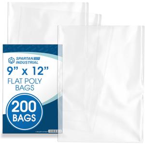 9" X 12" Open-End Flat Poly Bags (200 Count) - 1.1 Mil Plastic Clear Bags for Packaging, Shipping, Storage - No Adhesive Strip - Spartan Industrial