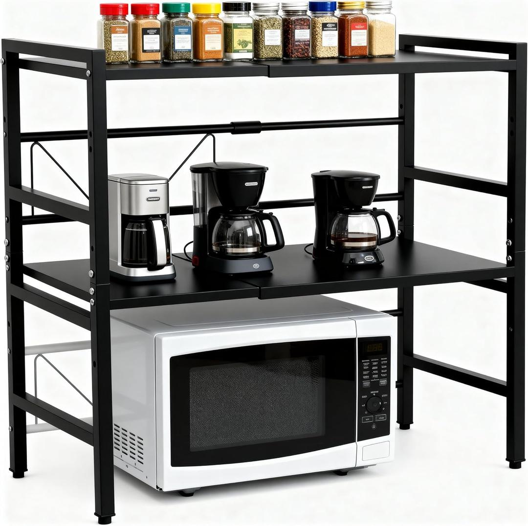 Microwave Oven Rack, Microwave Shelf Expandable Microwave Stand Countertop Kitchen Utensils, Bakers Rack, Carbon Steel Over Microwave Shelf Countertop with 6 Hooks(Black, 3 Tier)