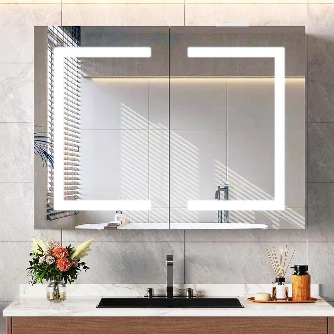Snughome Bathroom Medicine Cabinet with Mirror and LED Lights, Wall Mount Bathroom Mirror with Storage, Anti-Fog, Built-in Power Outlets, Dimmable 3 Color Temp, Antirust Easy to Install, 31.5" x 23.6"