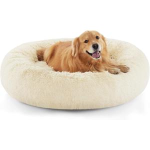 Bedsure Calming Dog Bed for Extra Large Dogs - Donut Washable Large Pet Bed, Anti-Slip Round Fluffy Plush Faux Fur Dog Bed, Fits up to 120 lbs Pets, Ivory Beige, 45 inches