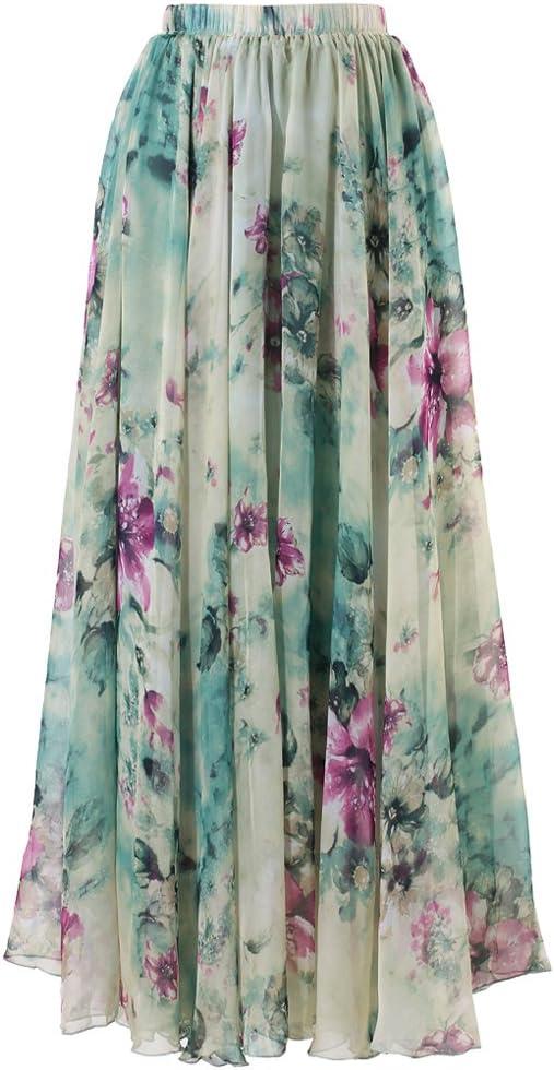 CHICWISH Women's Floral Watercolor Flower Maxi Floral Chiffon Slip Skirt (Medium-Large, Green)