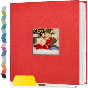 popotop Photo Album Self Adhesive with Picture Display Window,60 Pages DIY Scrapbooking Supplies Kit for 4x6 8x10 Picture,Linen Cover Memory Book for Baby Wedding, with Scraper and Metallic Pen (Red)