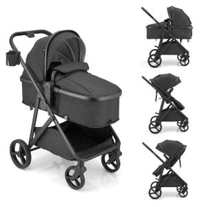 3-in-1 Baby Stroller, Convertible Stroller for Newborn Infant Toddler with Reversible Seat, UPF 50+ Canopy & Cup Holder - Black