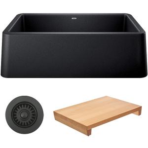 BLANCO 401895-KIT Ikon Silgranit 33" Single Bowl Apron-Front Farmhouse Sink Set (3 Item Bundle: Sink, Color-Coordinated Basket Strainer & Cutting Board), 33x19x10 inches