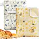 Hahafelt 2 Pack Beeswax Bread Bags for Homemade Sourdough Bread 17" x 13" Wide Zipper Access Organic Beeswax Linen Cotton Food Storage Bag with Sealing Zip to Keep Fresh(Bee)
