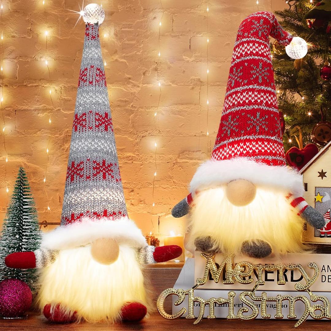 Gloween Christmas Gnomes Santa Decorations, Lighted Handmade Swedish Tomte, Light Up Plush Elf Holiday Present Gift Scandinavian Tabletop Christmas Decorations, Pack of 2
