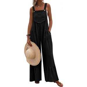 Dokotoo Women's Lace Casual Overalls Summer Jumpsuit Loose Baggy Wide Leg Ruffle Pants Rompers with Pockets (Black, XL)