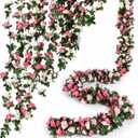 PONKING Flower Garland 8 Pcs x 8.2 ft Artificial Rose Vine Flowers with Green Leaves Hanging Fake Roses Vine for Room Party Home Wedding Birthday Christmas Wall Arch Decor, Spring Pink Flower