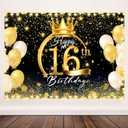 9x6ft Happy 16th Birthday Party Decoration Black Gold Sign Sixteen Birthday Poster for Anniversary Photo Booth Backdrop Background Banner BJDWAT0415