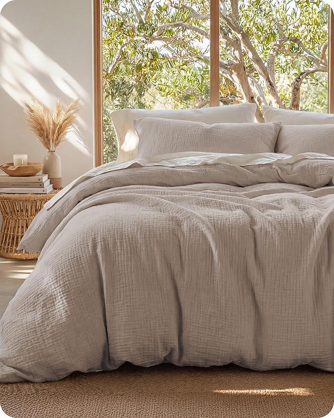 100% Muslin Cotton Duvet Cover Queen Size - Ultra-Soft Gauze Duvet Cover, PureWoven Breathable & Lightweight Bedding Set with Button Closure and Corner Ties (Khaki, Queen, 90"x90")