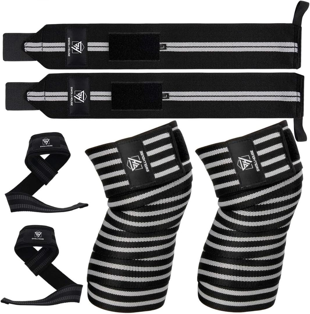 SWOLLHOUSE Knee Wraps + Wrist Wraps + Weight Lifting Straps Bundle (3 Pairs) for Weightlifting Bodybuilding Strength Training Workout Gym, Fitness Protective Set for Men & Women