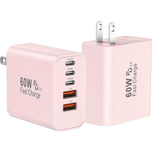 USB C Fast Wall Charger Block, 2Pack 60W USBC Charging Cubes, 5-Port PD+QC Power Adapter Multiport Brick Type C Box Plug for Phone 17/16/15/14/13/12/11/Pro Max/Plus, Pad Mini/Pro/S25/S24-Pink