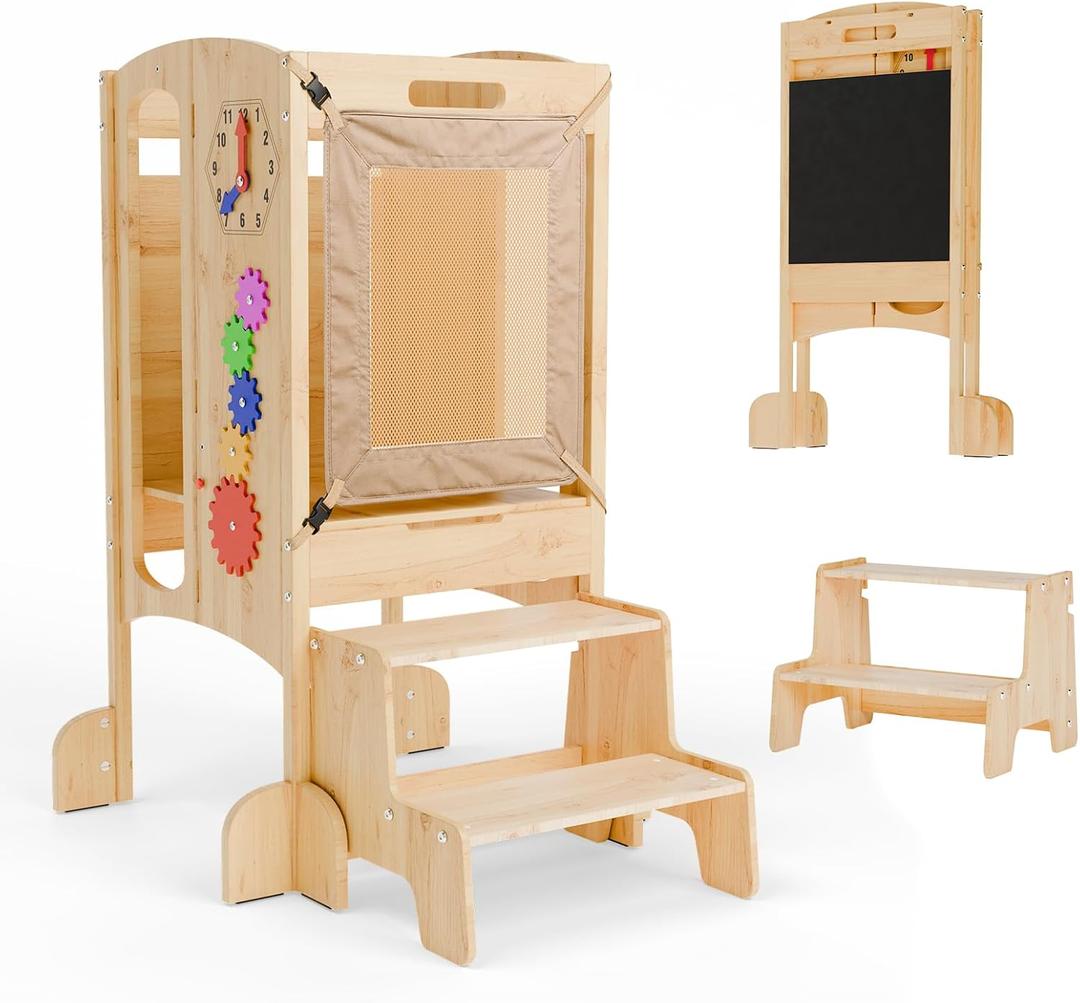 Toddler Tower, 6 in 1 Foldable Toddler Tower with 2 Step Stool,Toddler Standing Tower with Safety Equipment and Chalkboard