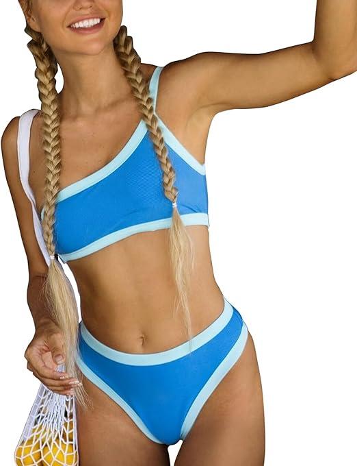 Women’s Ribbed Bikini Sets One Shoulder Top Two Piece Swimsuits Mid Rise Color Block Bathing Suit Lqrge, Blue
