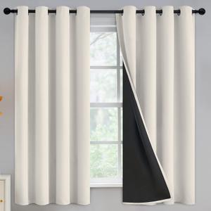 Yakamok 100% Blackout Curtains for Bedroom 63 Inch Length, Light Blocking Drapes with Black Backing, Thermal Insulated Solid Grommet Panels for Living Room, 52Wx63L, Cream, 2 Panels