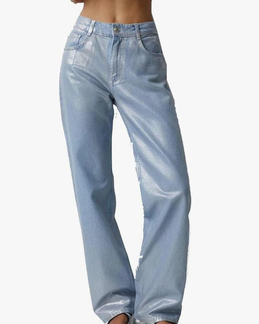 Women's High Waist Jeans Metallic Baggy Boyfriend Casual Pant Y2K Straight Leg Denim Pants L