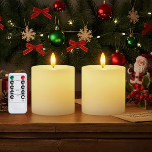Homemory White Flameless Candles Battery Operated with Remote Timer, 3x3 Real Wax LED Pillar Candle for Home Fireplace Bedroom Living Room Party, Set of 2