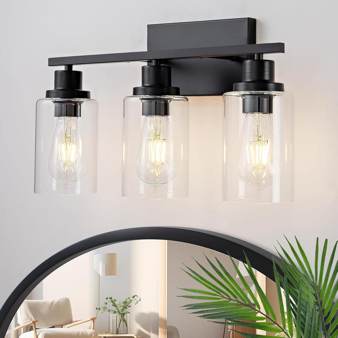 3 Light Bathroom Light Fixtures Black Vanity Light Over Mirror Modern Farmhouse Wall Lighting Sconces Rustic Industrial Wall Lamp for Bathroom, Bedroom, Living Room E26 Socket with Glass Shade, Black