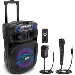 Pyle Portable Bluetooth PA Speaker System - 800W 12 Inch Outdoor Speaker with Built-In Party Lights - USB/SD Card Reader, FM Radio, Extendable Handle w/ Wheels - Includes Wired Microphone & Remote