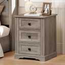RALGEND Night Stand with 3 Drawers, 18 Inch Wide End Table with Charging Station, Farmhouse Nightstand, Bedside End Tables Living Room, End Tables with Storage for Bedroom, Greige, 17.7"L x 17.7"W x 24"H