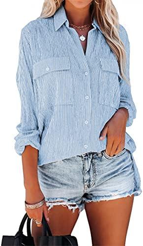 OMSJ Women's Striped Button Down Shirts Casual Long Sleeve Stylish V Neck Blouses Tops with Pockets XL
