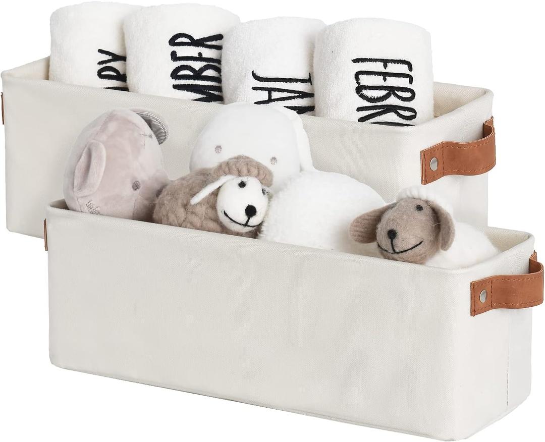 StorageWorks Narrow Storage Bins, Small Basket for Closet and Shelves, Fabric Organizer with Handles, Toilet Paper Storage, Beige, 2-Pack (15"L x 6"W x 5"H, Beige)