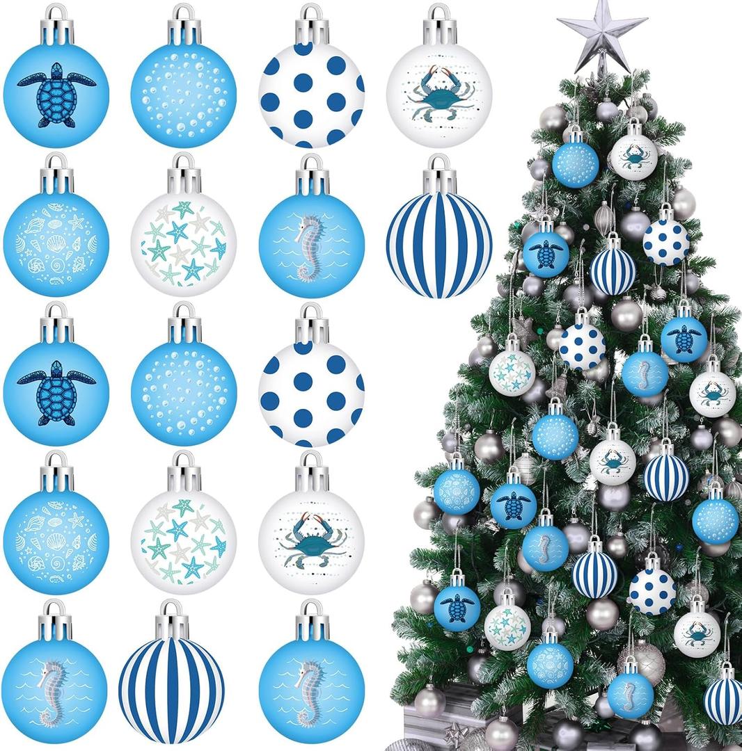Civaner 24 Pcs 1.57 Inch Beach Ocean Christmas Tree Ornament Christmas Coastal Tree Xmas Starfish Seashell Ornament Nautical Decorative Hanging Ball Blue Winter Decoration for Xmas Holiday Party Suppy