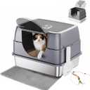 Enclosed Cat Litter Box with Flip-Top Lid, Stainless Steel Large Covered Litter Box, High Sided Metal Litter Pan with Litter Scoop & Mat, Odor Control, Leak Proof, Easy Cleaning, Grey