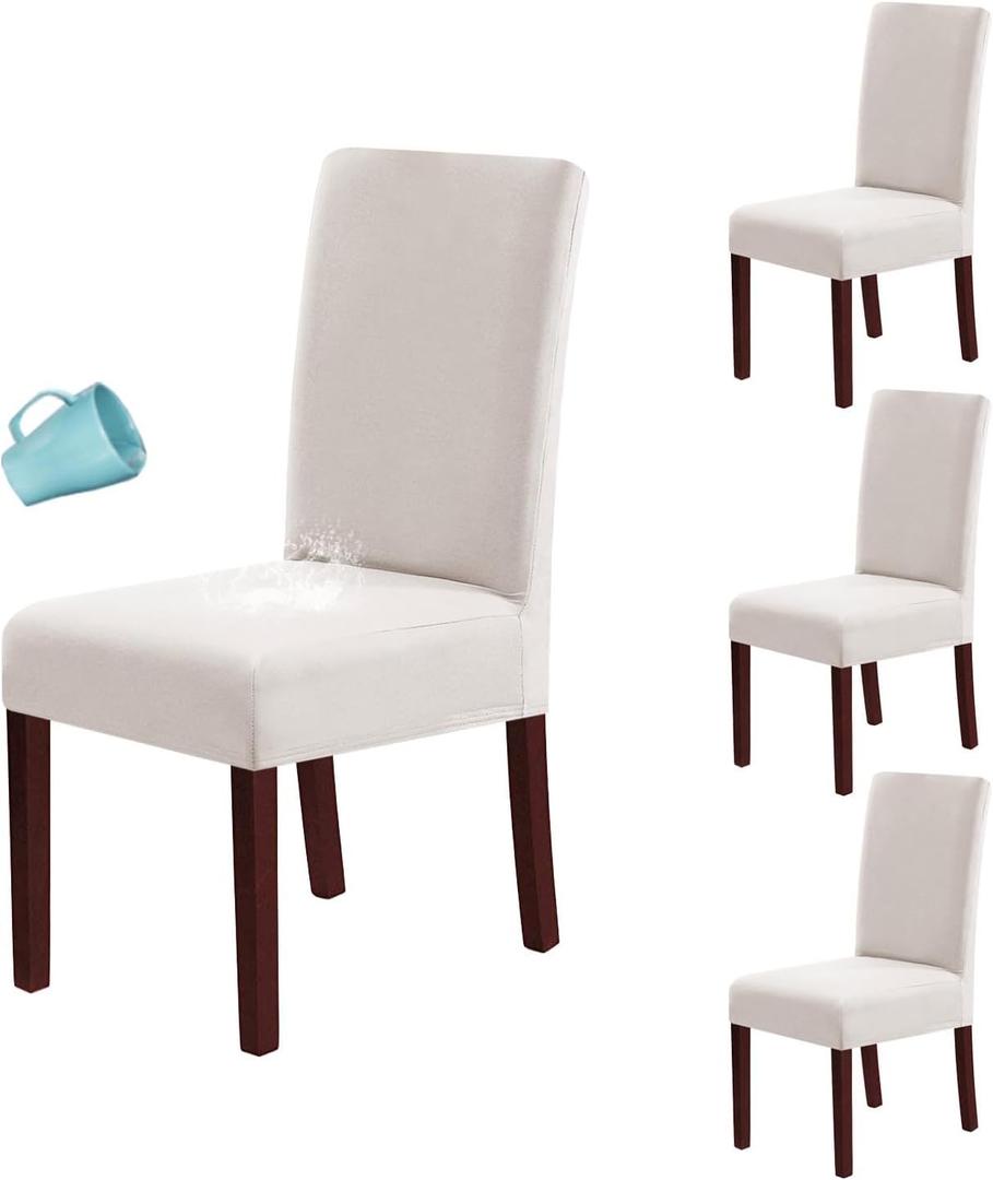 H.VERSAILTEX 100% Waterproof Dining Chair Covers Stretch Chair Covers for Dining Room Set of 4 Parson Chair Slipcovers Chair Protectors Covers Dining, Soft Thick Solid Fleece Fabric Washable, Ivory
