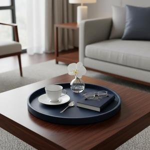20-inch Round Ottoman Serving Tray - Textured PU Leather Coffee Table Decor, Waterproof Heat-Resistant Large Organizer for Home, Office, Bed & Party Essentials (Navy Blue, 20in)