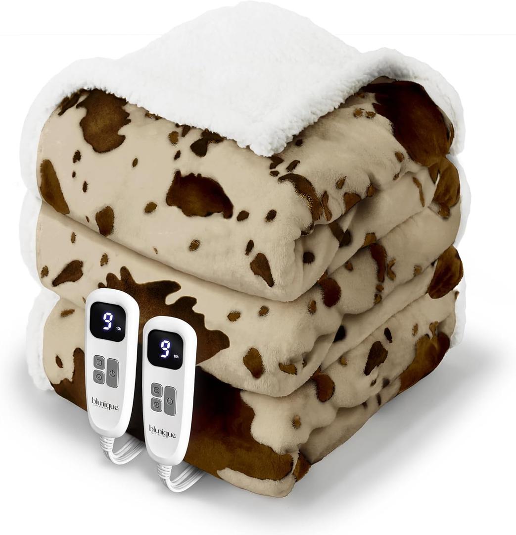 Cow Print Electric Heated Blanket Queen-Dual Control Heating Blanket Queen Size with 10 Heat Levels & 10 Hours Auto-Off, Cozy Soft Fleece Sherpa, Washable, 84x90 Inche Cow Print Apricot (05 - Apricot Ombre-khaki)