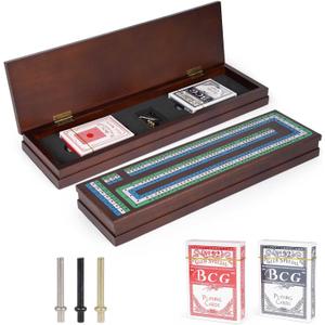 Wooden Cribbage Board Game Set, Premium Wooden Board with Magnetic Lock and Metal Pegs, Strategy Card Game Cribbage - Travel Portable Cribbage Game Sets for Family