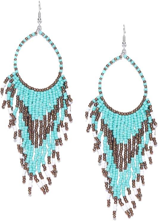 Crunchy Fashion Bollywood Style Party Wear Bohemian Orange Beaded Tassel Earrings for Women