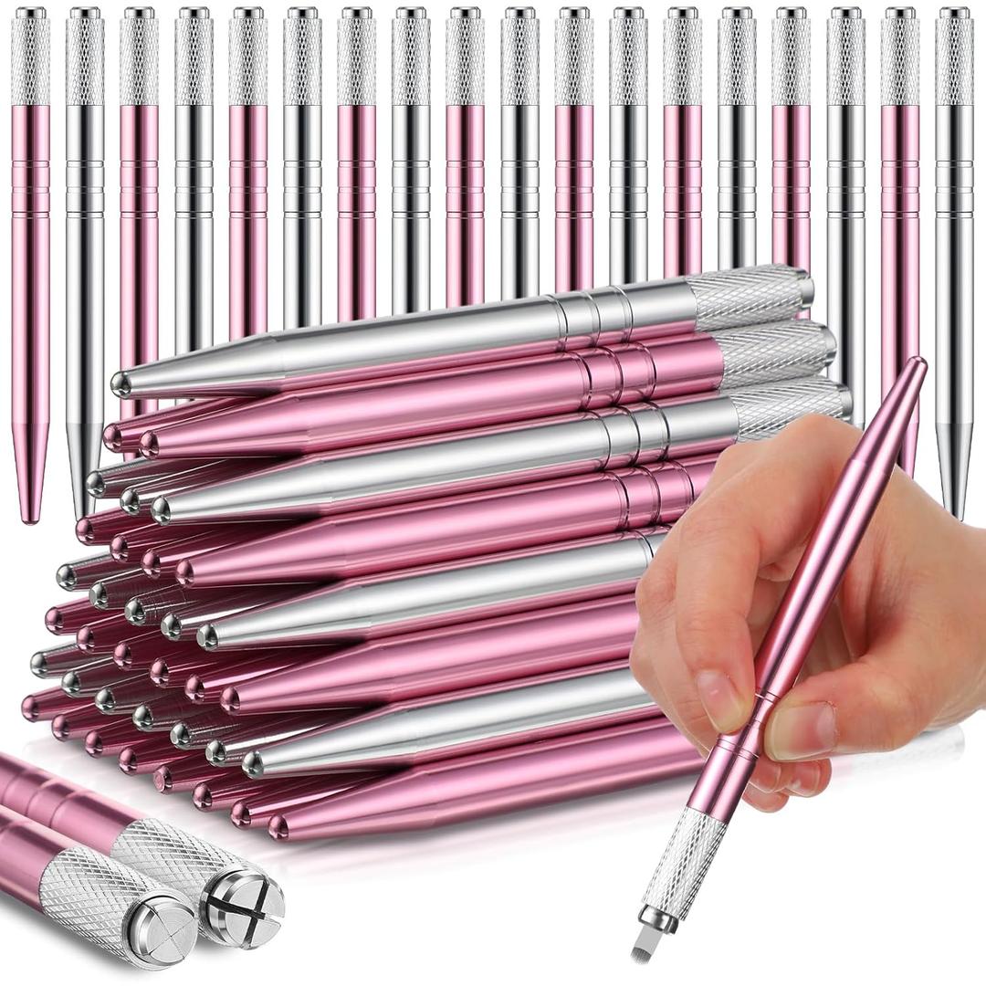 Gisafai 100 Pcs Microblading Pen Manual Eyebrow Pens Supplies Aluminum Microblade Pen Tool Holder Hand Tools for Makeup Supplies Salons (Silver,Pink)