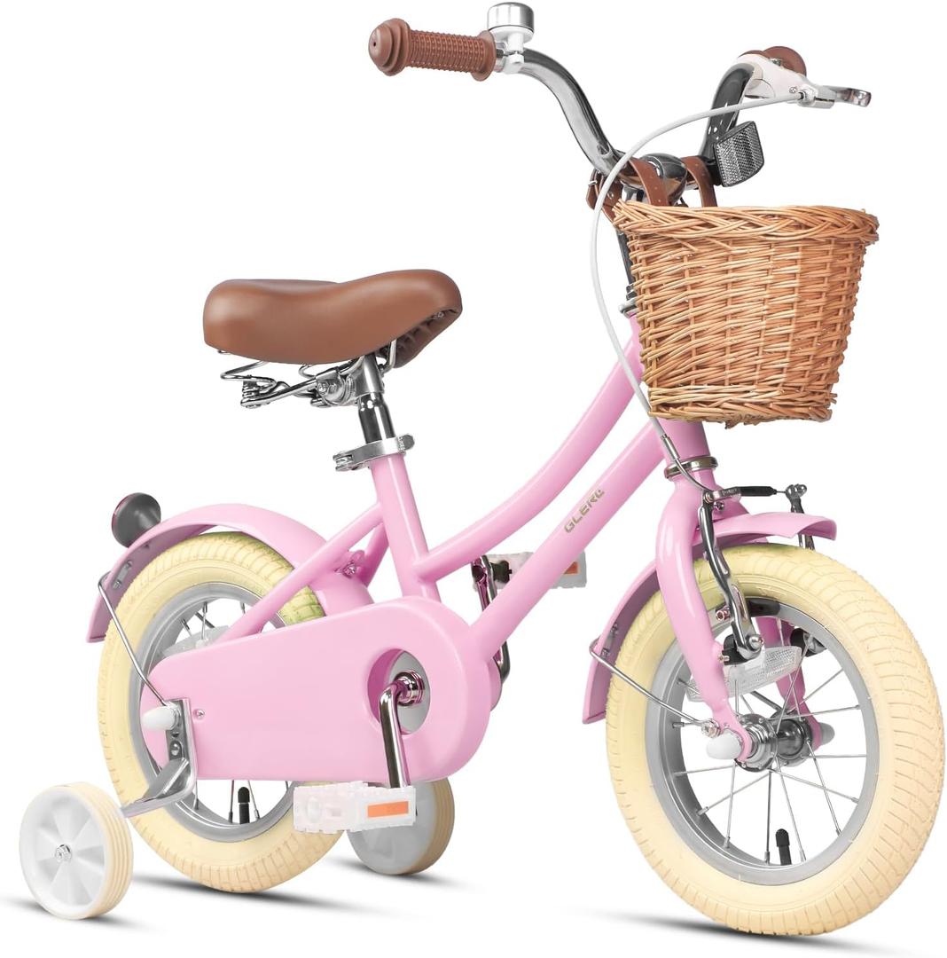 Glerc Little Molly 12 Inch Kids Retro Cruiser Bike for 2-13 Year Old with Wicker Basket & Training Wheels/Kickstand, Multiple Colors